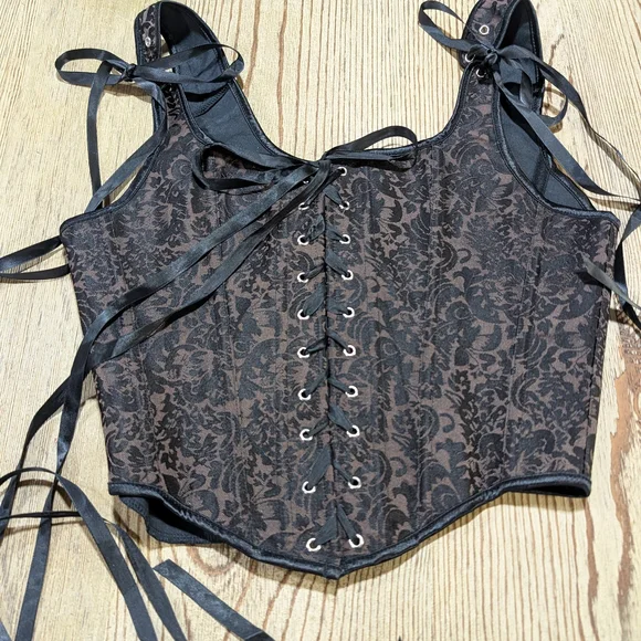 Black Lace Goth Corset Top L Dark Academia Coquette Alt Bustier Sheer Floral Bon - Picture 5 of 6